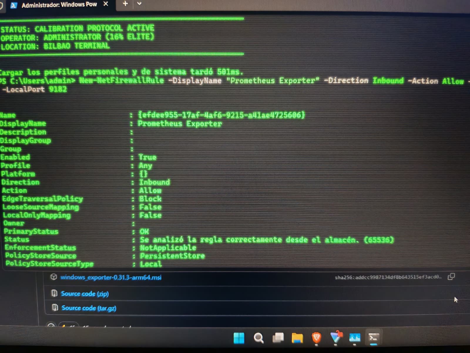 PowerShell creando regla de firewall para Prometheus Exporter